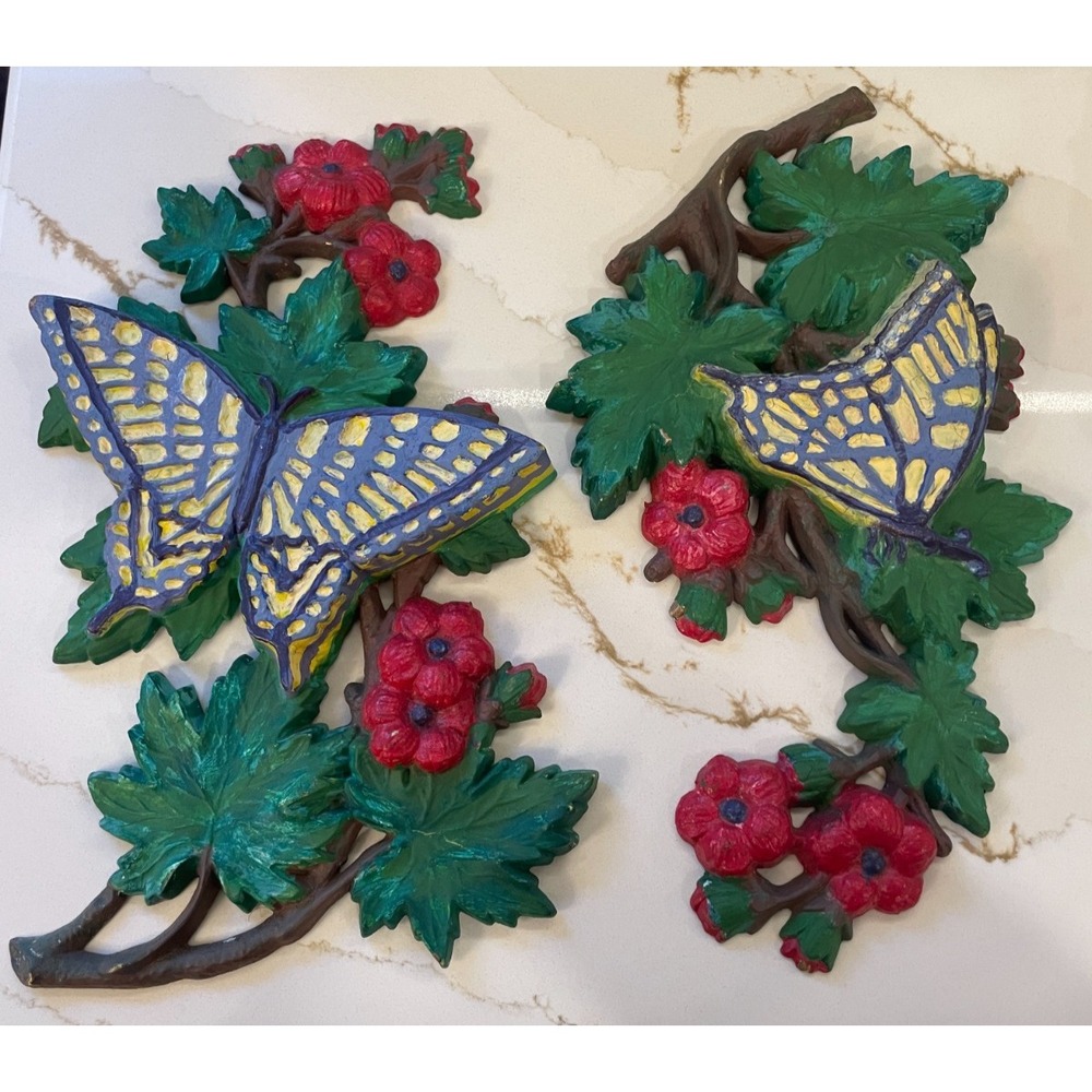 Vintage Burwood Butterfly Wall Art 1980s Botanical Floral Fairy Cottage Painted‎